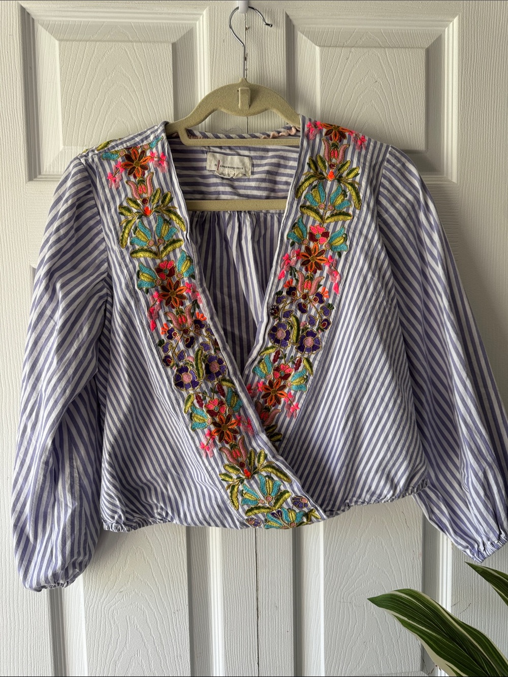 Anthropologie Purple and White Striped Embroidered V-Neck Blouse